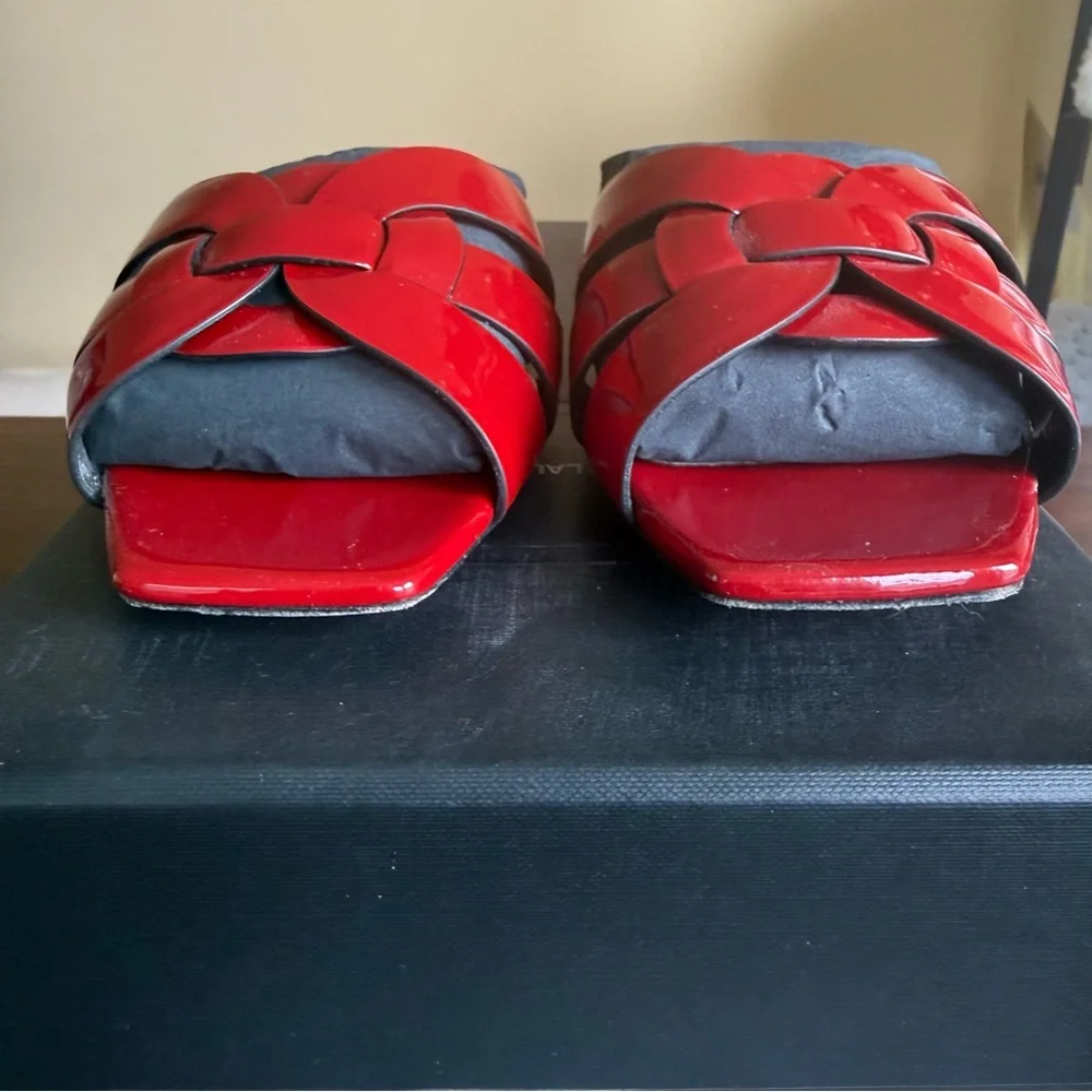 Saint Laurent Tribute Patent Leather Slide Sandals Red Size 37.5 - Picture 2 of 8